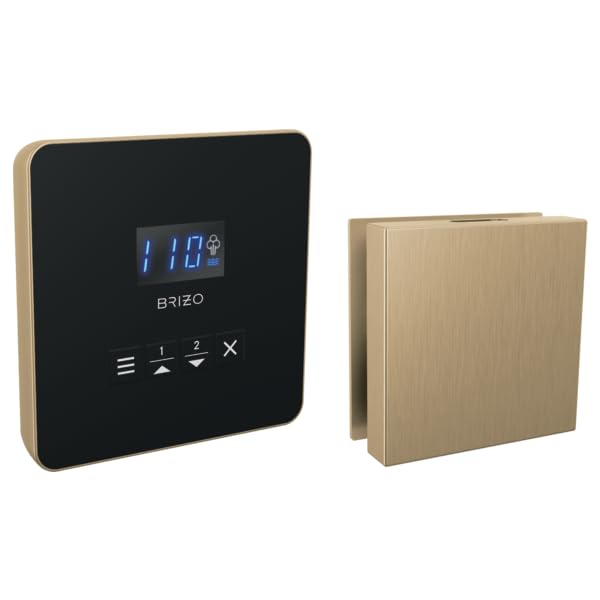 Brizo steam shower controller with digital display and gold trim, with separate square gold steam head unit.
