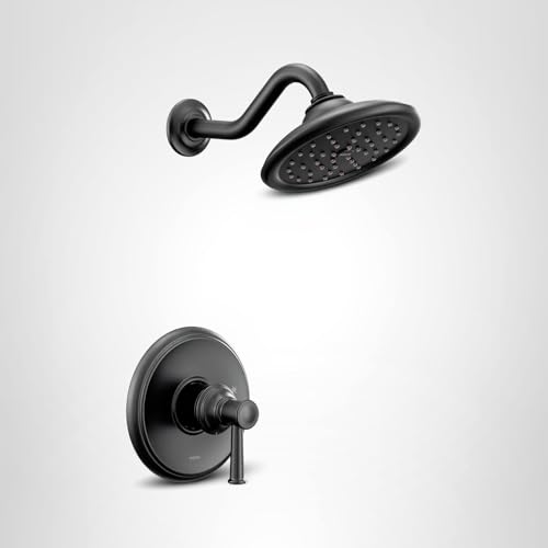 Matte black single-handle shower trim kit with curved arm, round showerhead, and circular valve trim.