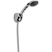 Chrome hand shower with adjustable bracket, flexible hose, and perforated showerhead against white background.