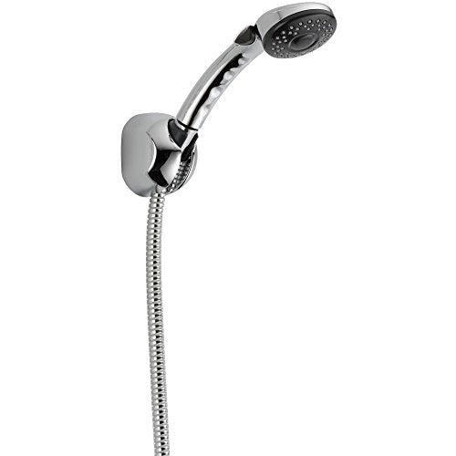 Chrome hand shower with adjustable bracket, flexible hose, and perforated showerhead against white background.