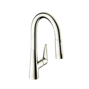 Polished nickel kitchen faucet with curved pull-down spout and single lever handle.