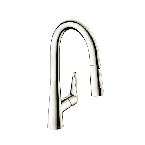 Polished nickel kitchen faucet with curved pull-down spout and single lever handle.
