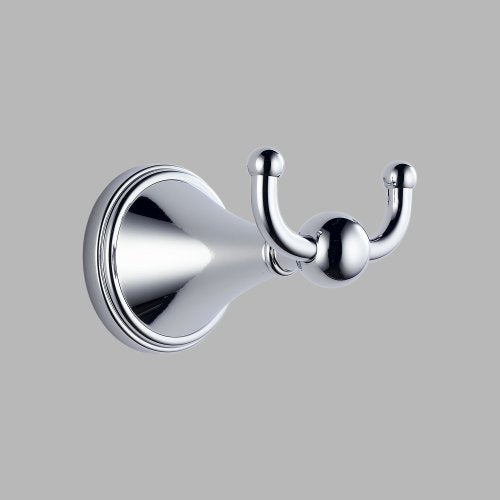 Chrome double robe hook with circular mounting plate and two curved arms with rounded ends.