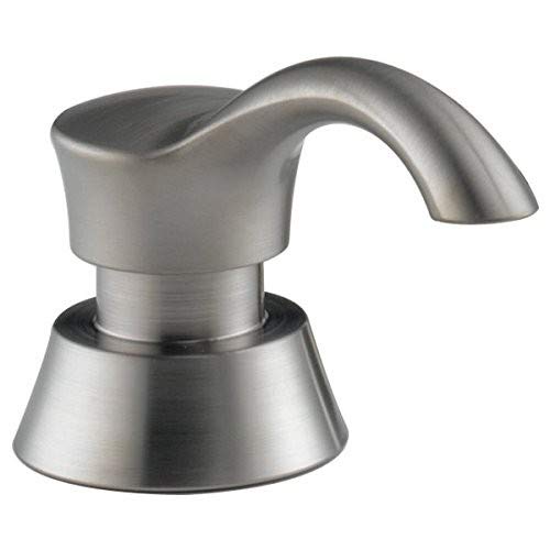 Stainless steel soap and lotion dispenser with curved spout and conical base in brushed finish.
