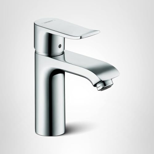 Chrome single-hole bathroom faucet with curved spout and rectangular handle on cylindrical base.