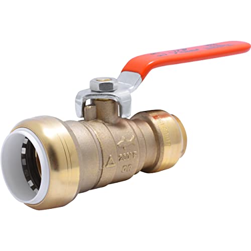 Brass ball valve with orange lever handle and white push-fit connectors on both ends.