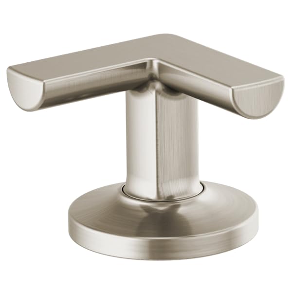 Brushed nickel faucet handle with T-shaped cross design and round base.