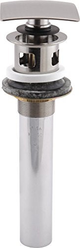 Chrome push-up bathroom sink drain stopper with square handle and overflow opening.