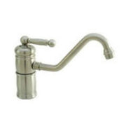 Satin nickel single-handle kitchen faucet with curved spout and lever handle.