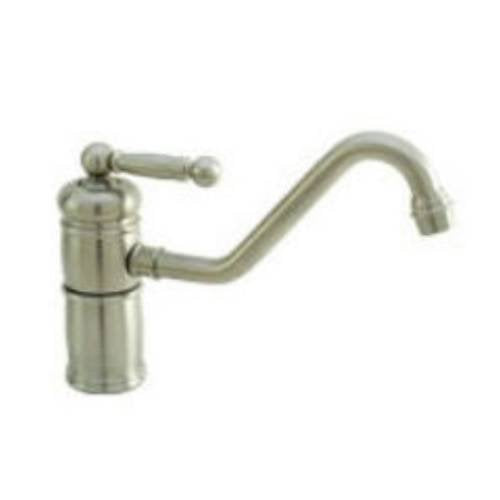 Satin nickel single-handle kitchen faucet with curved spout and lever handle.