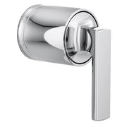 Polished chrome pressure balance valve trim with cylindrical body and rectangular lever handle.