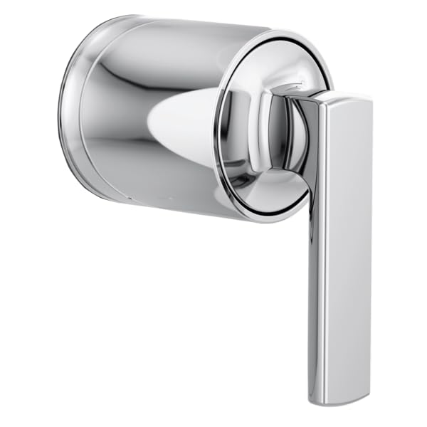 Polished chrome pressure balance valve trim with cylindrical body and rectangular lever handle.