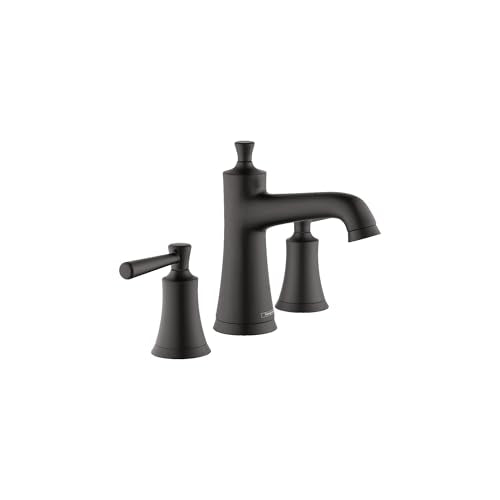 Matte black three-piece widespread bathroom faucet with curved spout and two lever handles.