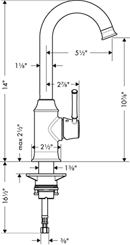 Polished nickel single-handle bar faucet with tall curved spout and rectangular base, shown with dimension measurements.