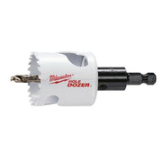 Milwaukee HOLE DOZER 1-3/4" bi-metal hole saw with white cylindrical body, black arbor, and brass pilot bit.