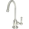 Satin nickel cold water dispenser with curved spout and lever handle on round base.