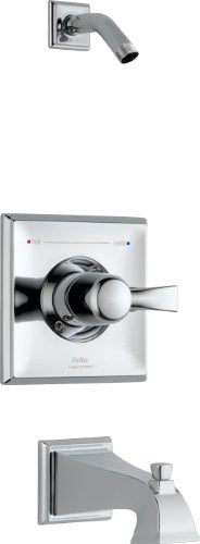 Chrome single-handle lever tub and shower trim with square escutcheon plates and angled spout.