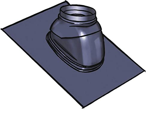 Black roof flashing with dome-shaped vent boot mounted on angled base panel for tile or shingle installation.