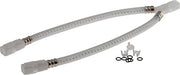 Two braided hose assemblies with metal connectors and a pile of black rubber O-rings displayed beside them.