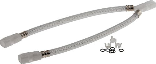 Two braided hose assemblies with metal connectors and a pile of black rubber O-rings displayed beside them.