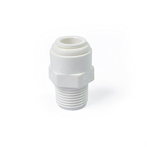 White polypropylene male connector with threaded end and push-fit port.