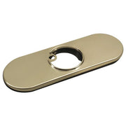 Champagne bronze escutcheon plate with oval opening and curved ends for faucet installation.