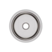 Stainless steel undermount sink with round bowl and single drain opening, viewed from above.
