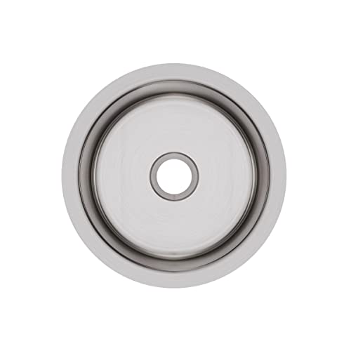 Stainless steel undermount sink with round bowl and single drain opening, viewed from above.
