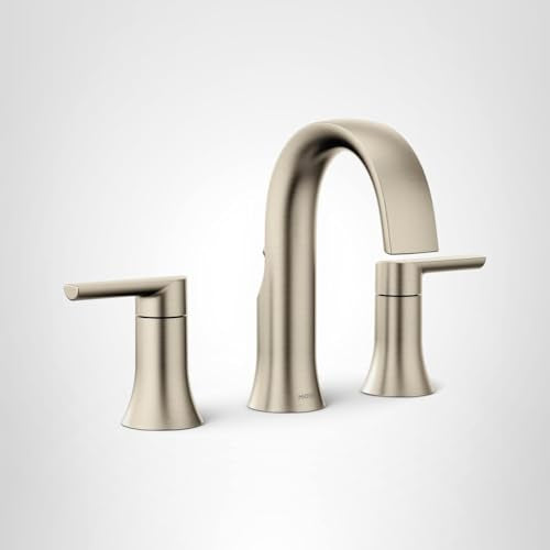 Brushed nickel two-handle bathroom faucet with curved spout and lever handles in contemporary style.