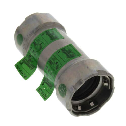 Viega MegaPress 1/2" press coupling in zinc-nickel coated carbon steel with green identifier bands.