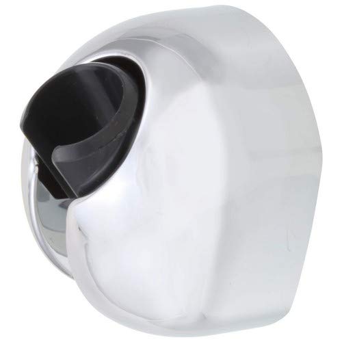 Chrome wall mount bracket with black hand shower holder attached to rounded white housing.