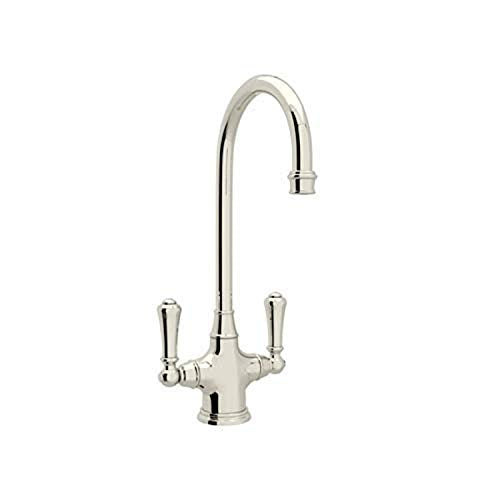 Polished nickel two-handle kitchen faucet with tall curved spout and lever handles.