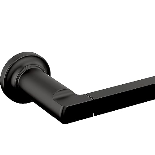 Matte black cylindrical tissue holder with circular wall mount and horizontal roll arm.