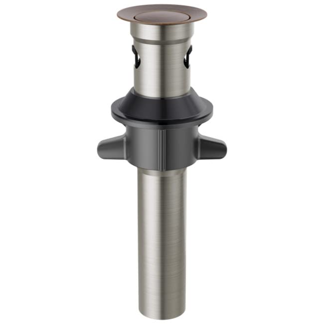 Brushed nickel and bronze metal push pop drain assembly with overflow ports and circular top cap.