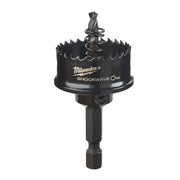 Milwaukee Shockwave Impact hole saw with black cylindrical cutting head and serrated edges on hex shank.