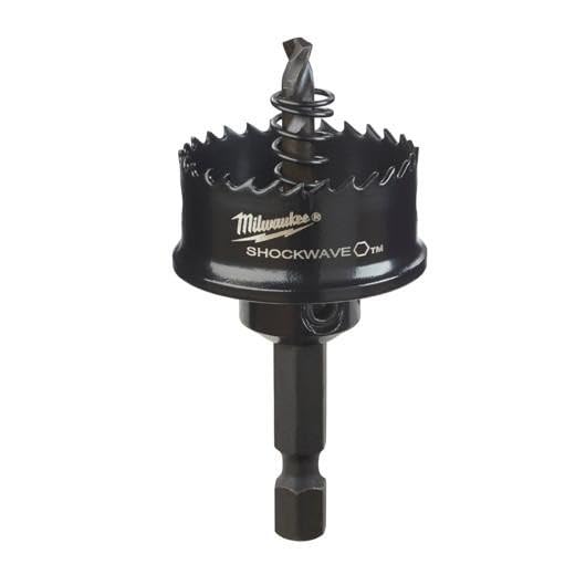 Milwaukee Shockwave Impact hole saw with black cylindrical cutting head and serrated edges on hex shank.