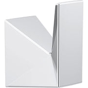 Chrome and white robe hook with angular geometric design and vertical mounting plate.