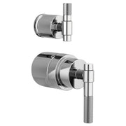 Chrome pressure balance valve trim with T-lever handle and integrated diverter in two configurations.