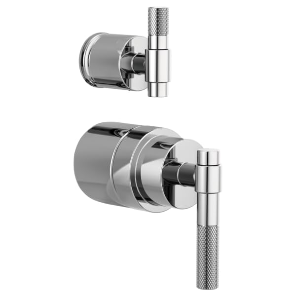 Chrome pressure balance valve trim with T-lever handle and integrated diverter in two configurations.