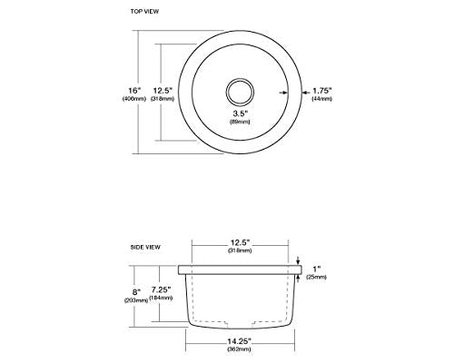 Ash-colored round bar and prep sink with dimensions shown in top and side technical drawings.