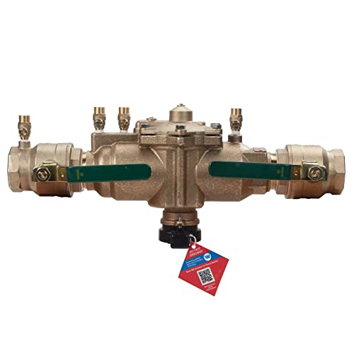 Watts LF009 RPZ backflow preventer with 2-inch threaded connections, green handles, and test cocks.