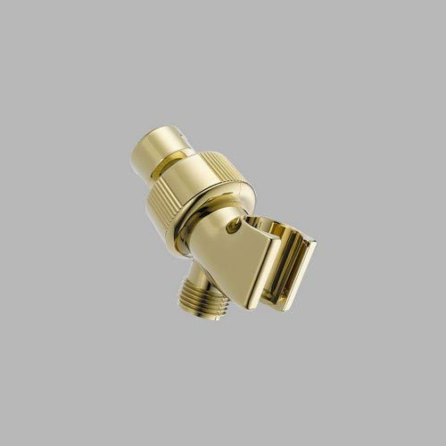 Polished brass shower arm mount with adjustable angled connector and threaded inlet for hand shower attachment.