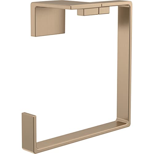 Champagne bronze rectangular towel ring with open frame design and mounting hardware.