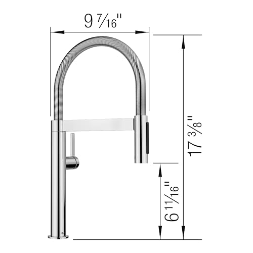 Chrome kitchen faucet with curved pull-down spout and dimensions marked showing 9 7/16" width and 17 3/8" height.