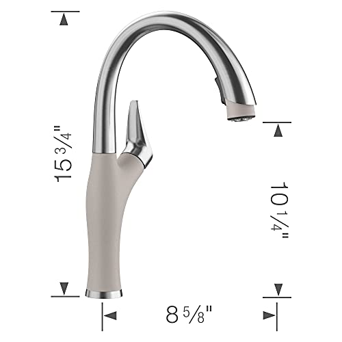 Blanco Artona pull-down kitchen faucet with concrete gray handle and stainless steel spout, shown with dimensions.