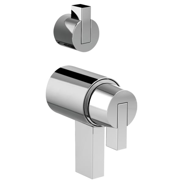 Chrome thermostatic valve with integrated diverter and rectangular lever handles, shown with separate mounting bracket compon