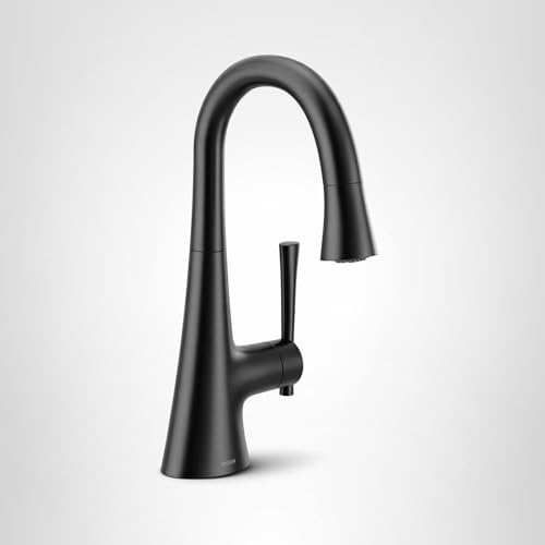 Matte black single-handle pulldown kitchen faucet with curved spout and side lever control.