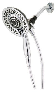 Chrome two-in-one shower head with five spray settings, handheld wand, and wall-mounted arm.
