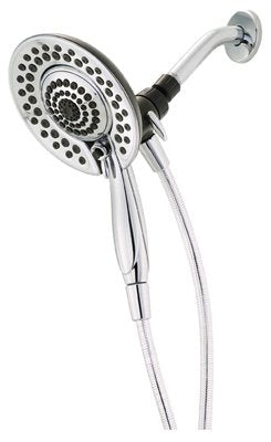 Chrome two-in-one shower head with five spray settings, handheld wand, and wall-mounted arm.