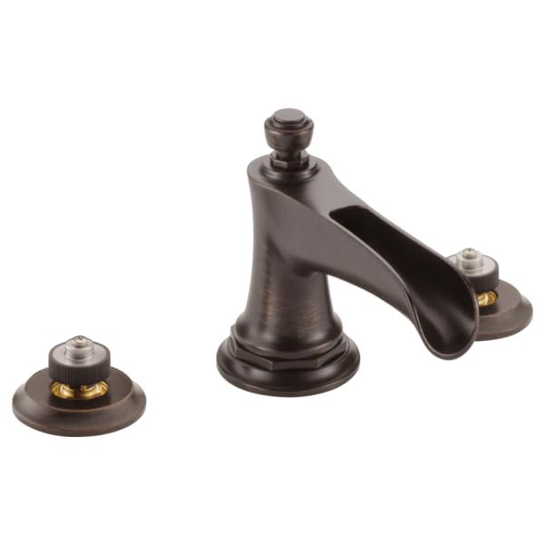 Bronze widespread lavatory faucet with channel spout and dome-shaped base components.